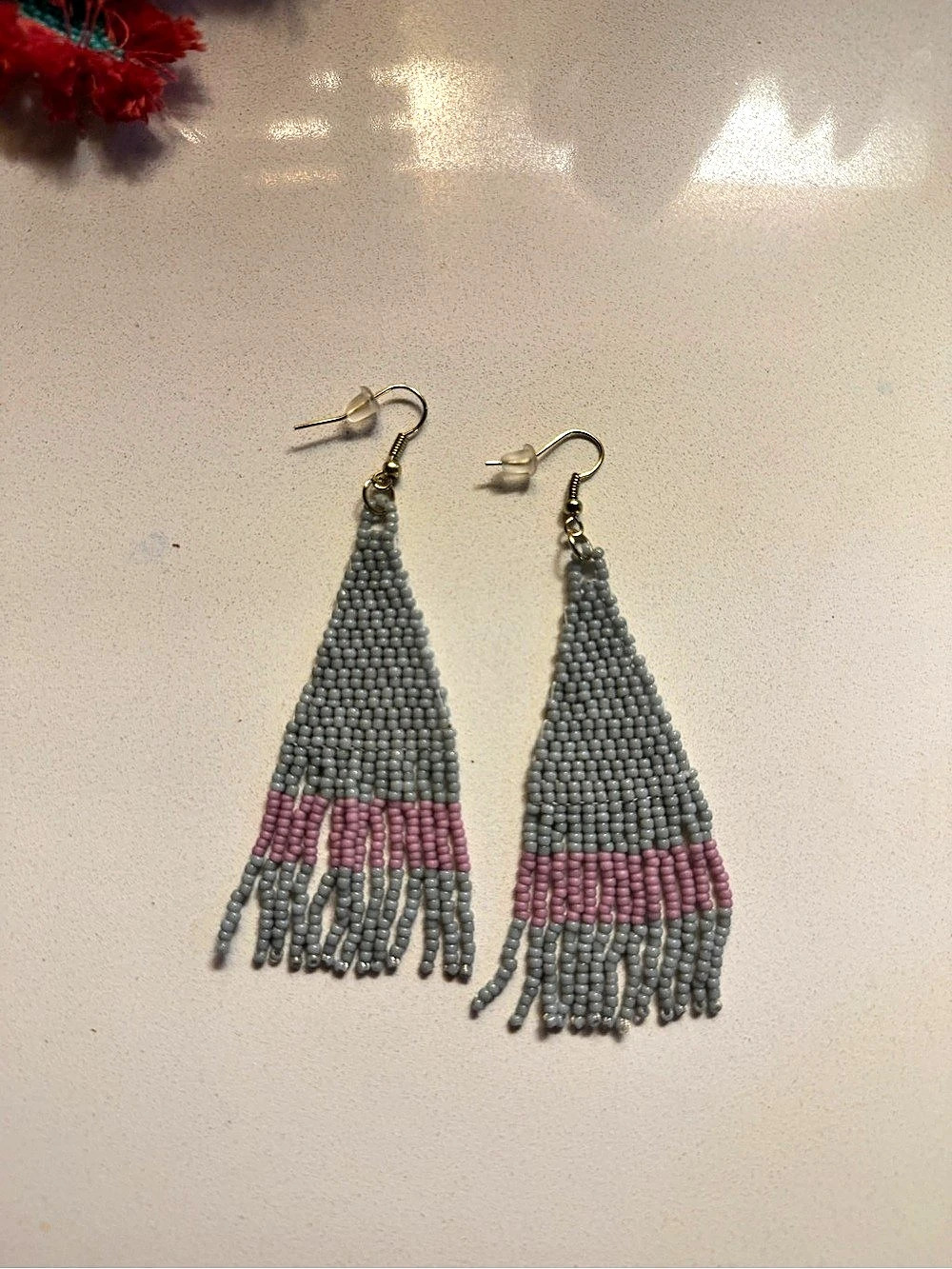 Handmade Beaded Fringe Earrings in Gray & Pink